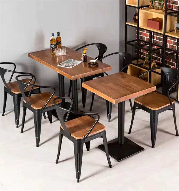 Modern Wood Cafe Restaurant Fast Food Bar Dining Furniture Stackable Vintage Bistro Tables and Chairs Sets