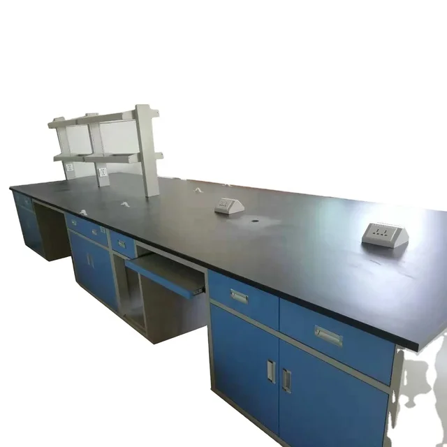 customizable hospital use steel material dental laboratory furniture of island bench with reagent rack shelf with sockets