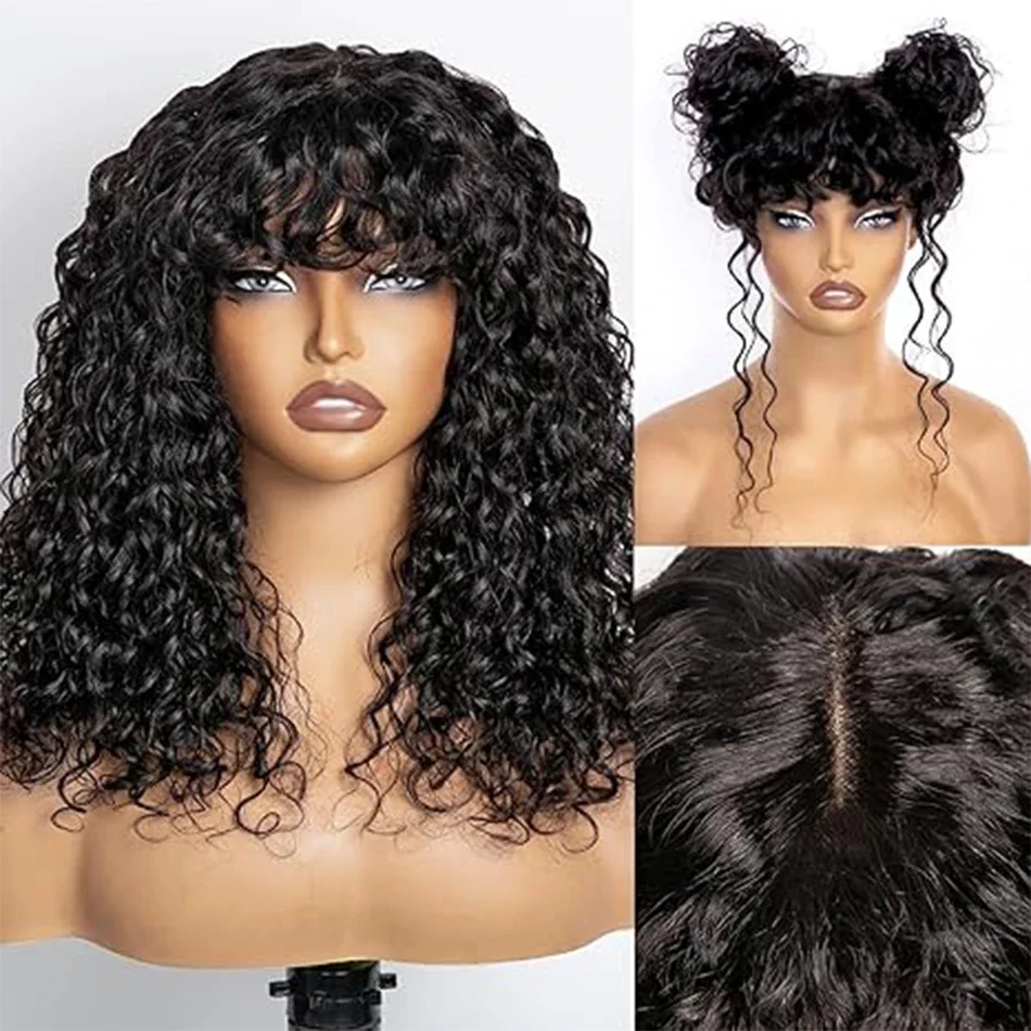 Jerry Curly Wig with Bangs Human Hair Peruvian Remy Machine Made Natural Color Water Wave for Women Daily Use_voghion.com