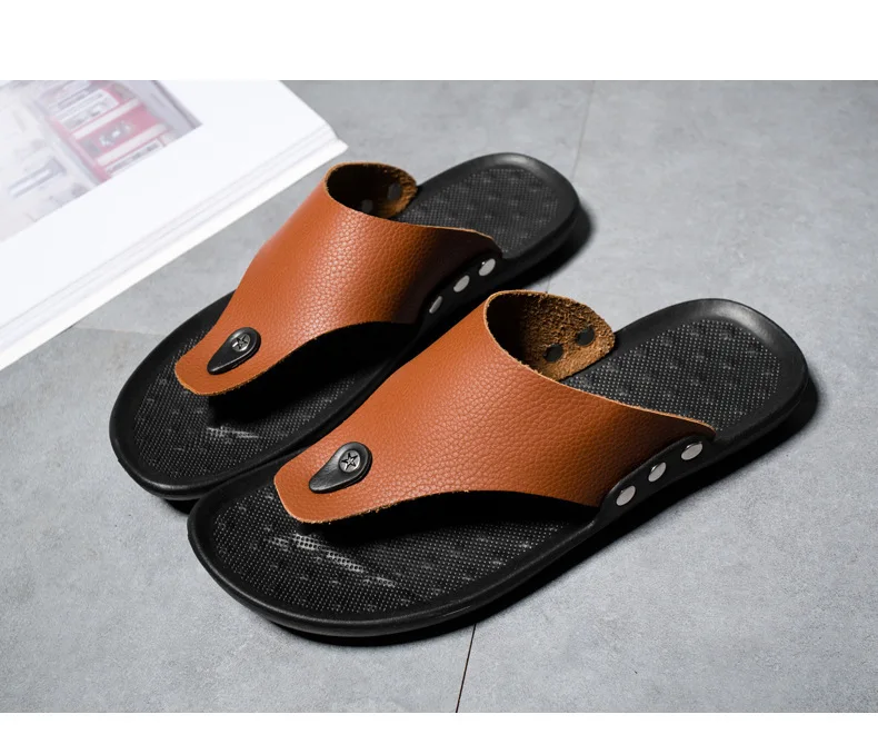 Summer Slippers Leather Casual Sandals Waterproof Slider Men Sandal ...