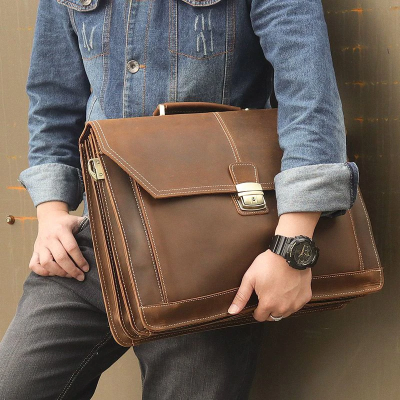 Genuine Leather Brown Briefcase With Combination Lock For Men Oem