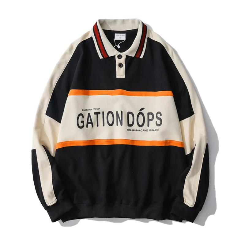 Retro Color Letter Print POLO Hip-Hop Loose Pullover Shirt