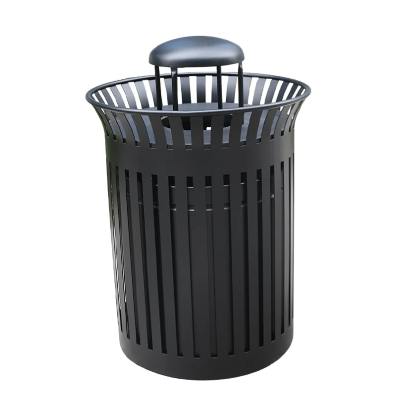Outdoor Round Metal Trash Container Garbage Can Outside Garden Street 32 Gallon Recycle Waste Bin Patio Commercial Steel Dustbin