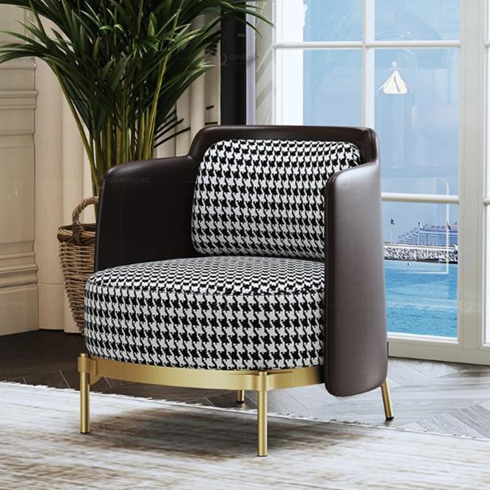 Houndstooth Pattern Fabric Classic Armchair Sofa Modern Accent Chairs