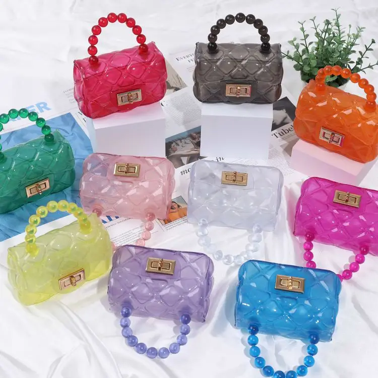 Fashion Candy Color Kids Jelly Purse And Handbags Pearl Handle Bag