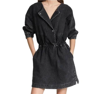 Ladies Custom-Made Black Denim A-Line Silhouette Empire Waist Long Sleeve V-Neck Button Stone Washed Casual Dress