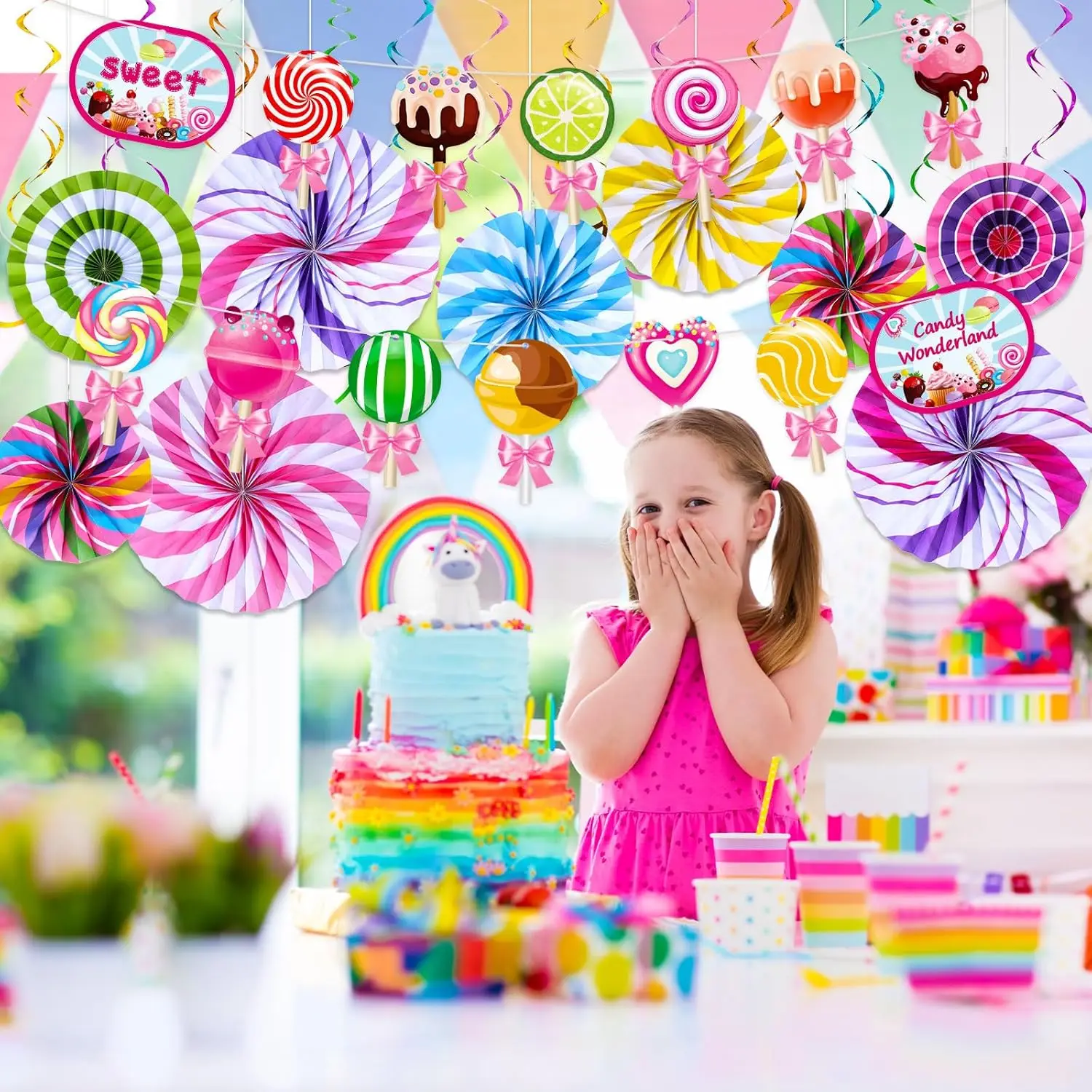 thumbnail image 2 of Candy Happy Birthday Banner - Sweet Candyland Party Decorations Banner With 15 Cards & 6.6ft Ribbon 2 of 13