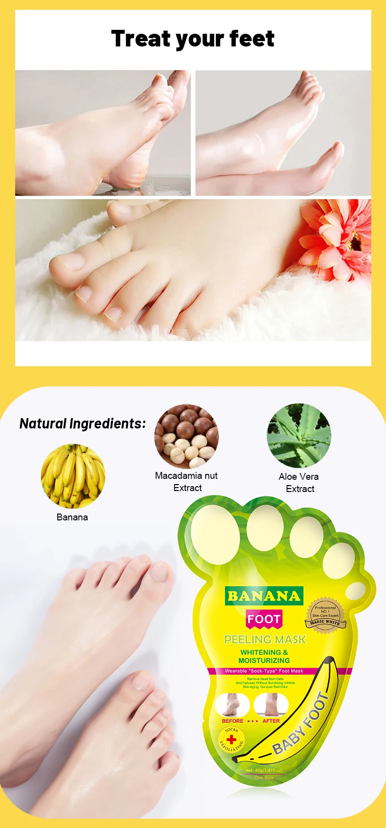 Aichun Beauty 40g Natural Foot Moistourizing Exfoliating Banana Nourishing Foot Peel Mask Sheet
