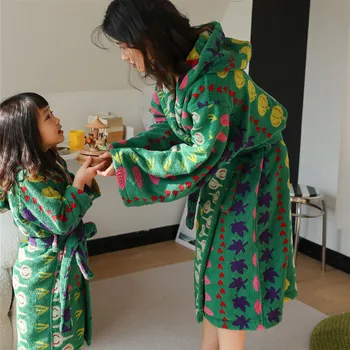 Fashion  Good Absorbent Combed Cotton Robe Vegetable Pattern Kids Adult Bathrobes Hooded Bathrobe
