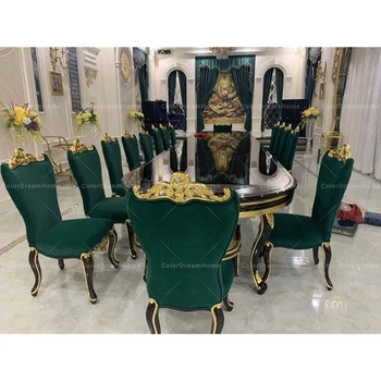 Royal conference table French classic long dining table and green velvet chair set 18 seats