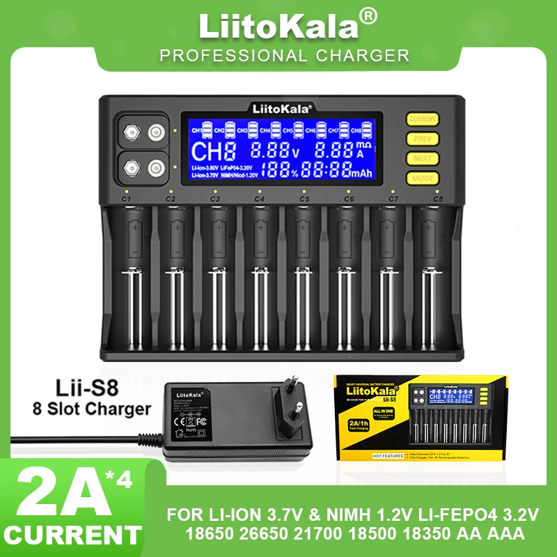 LiitoKala Lii-S12 Lii-S8 18650 21700 26650 9V Battery Charger LCD