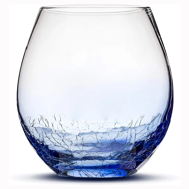 Custom Spray Blue Color Round Hand Made Unique Wine Glasses Stemless Wine Glass With Crack Design Bottom