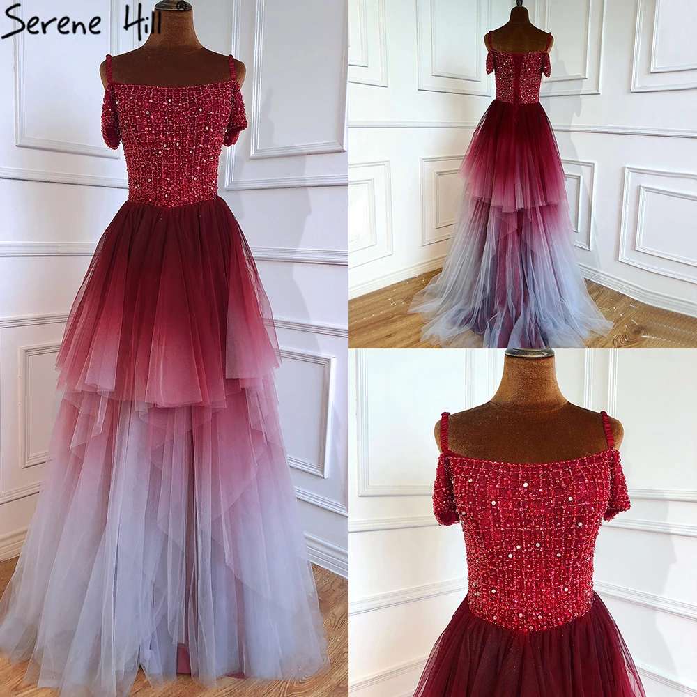 Wine Red Beaded a Line Evening Prom Dresses Serene Hill LA70768 Short Sleeves Formal Party Gowns for Women