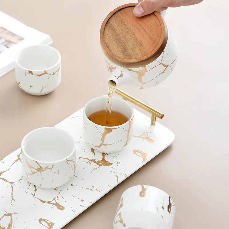 Hot Sale Luxury Modern Teapot 4-piece Tea Cups Ceramic Large Tea Pot Marble  Tea Service Set With Wooden Tray - Buy Ceramic Rooster Teapot,Ceramic