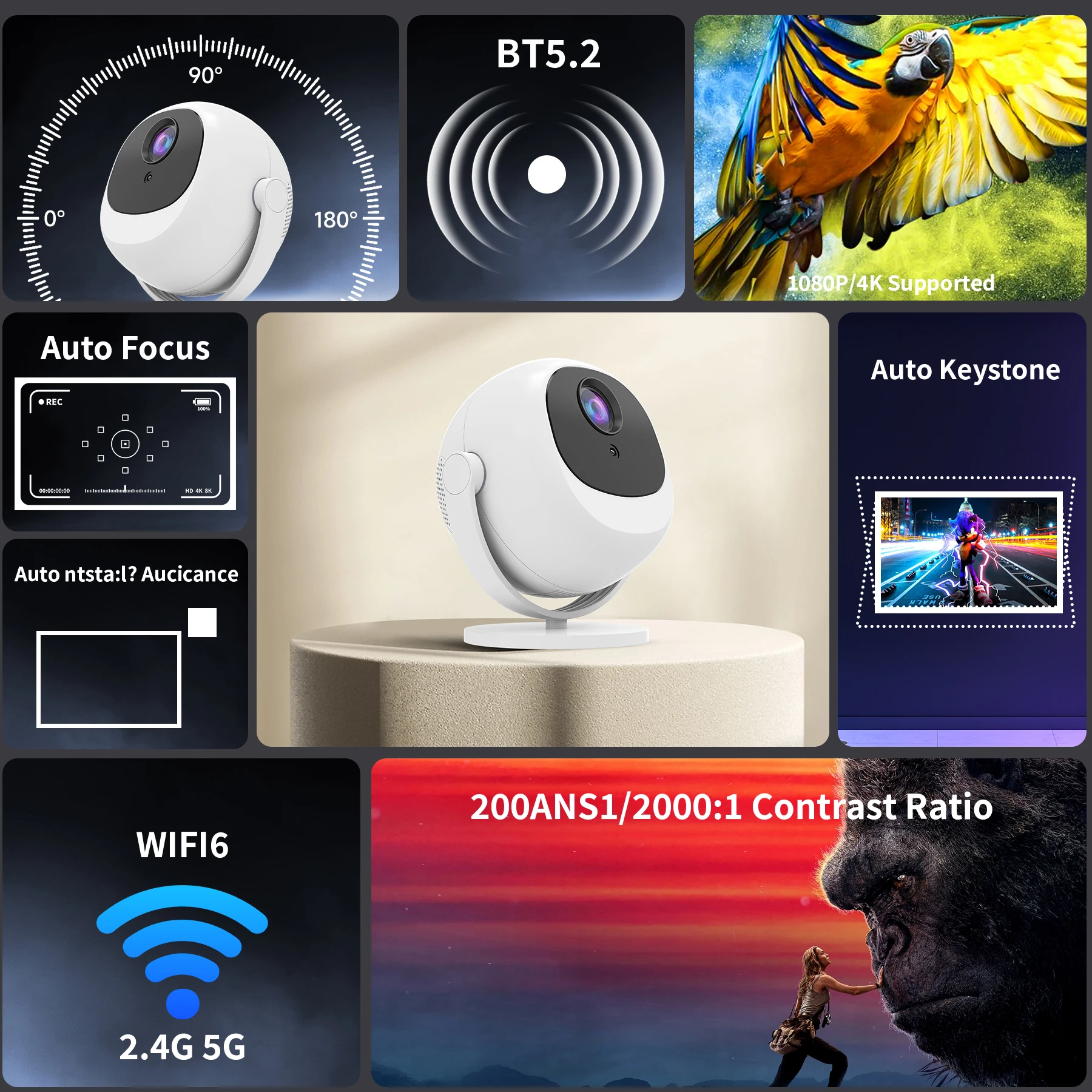 P360 PTZポータブル調整可能ミニプロジェクター WiFi BT 5.0 720P 150