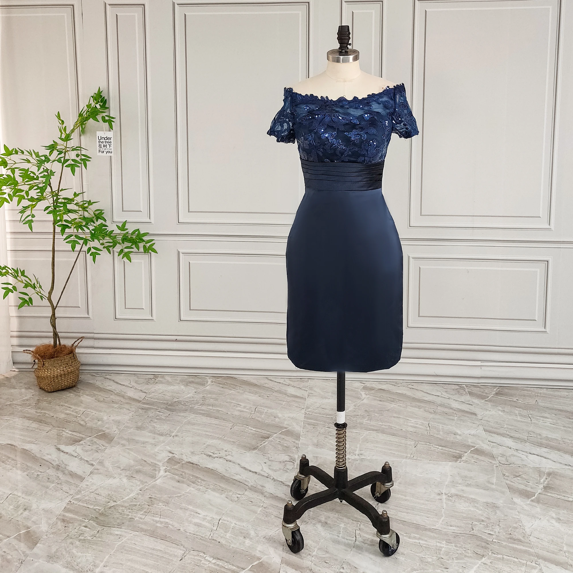 sachin and babi light blue dress A-Line Mother of The Bride Dress Wedding Guest Elegant Petite Jewel Neck Tea Length Lace Tulle Short Sleeve with Ruching Flower