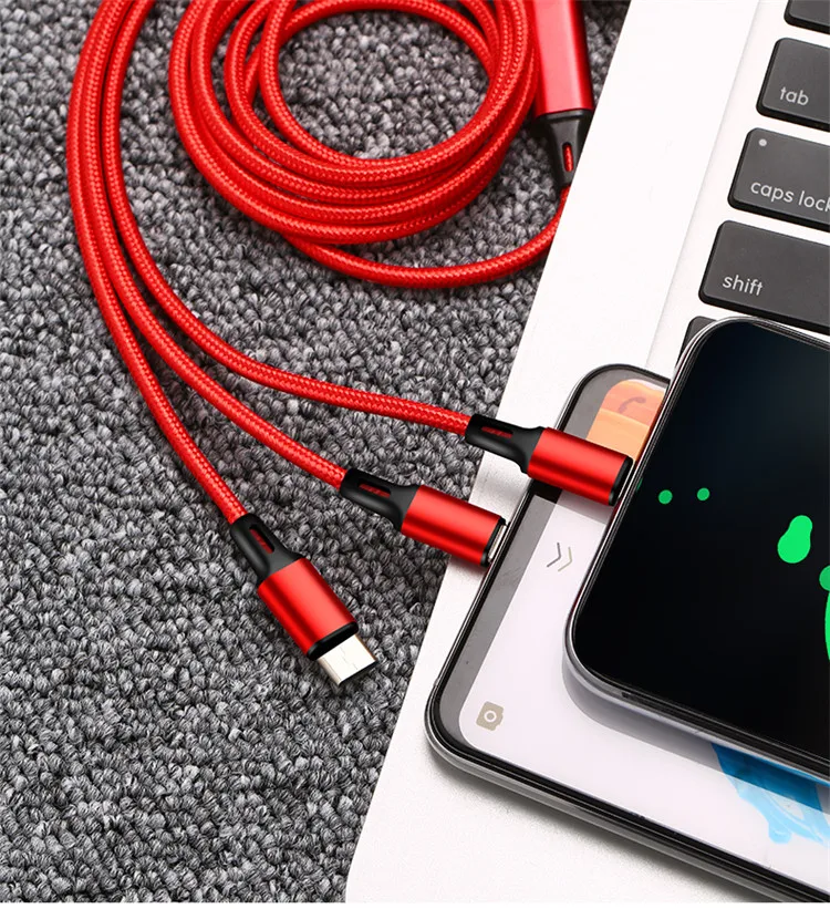 Hot sell 3 In 1 Micro USB Type C Charger Cable Multi Usb Port nylon  braid Usb Charging Cable  For Mobile Phone Cables