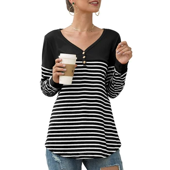 OEM Shirt Top Long Sleeve Black And White Stripe T-shirt Woman Custom