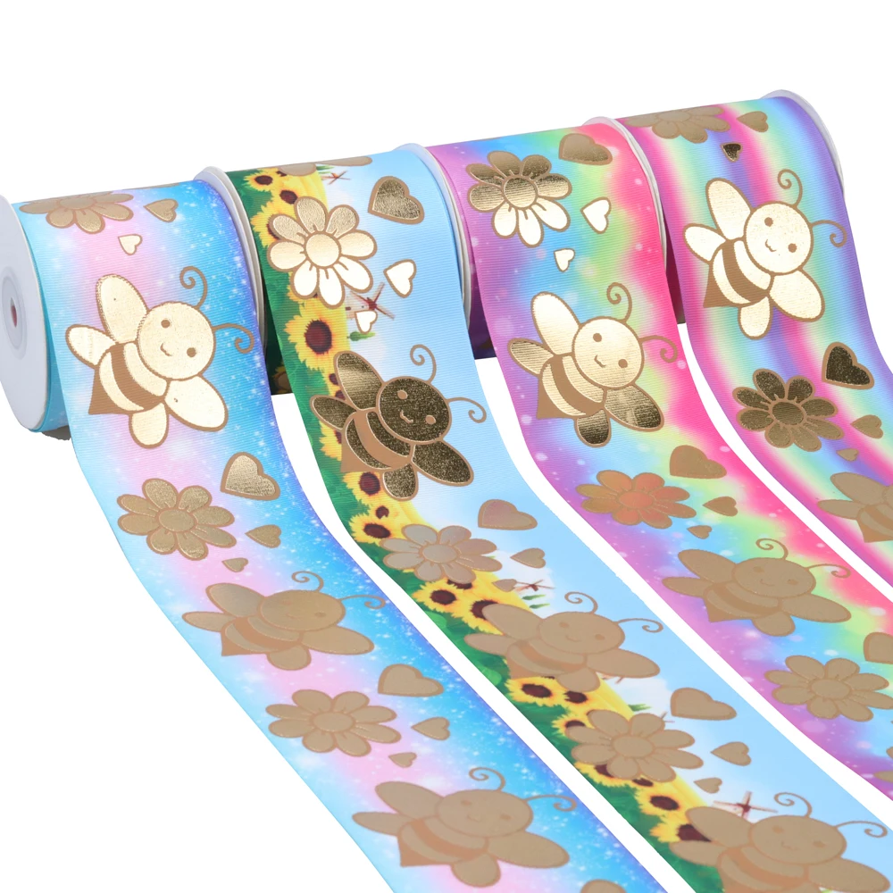 Весенняя голограмма RIMIS лента с принтом в рубчик цветная пчелы для рукоделия бантом