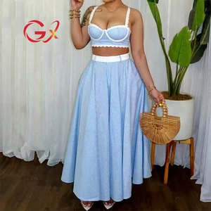 GX14931 Fashion 2026 Summer Women Boutique Sexy Stripped Print Street Wear Sleeveless Tank Top and Maxi Skirt 2 Piece Set Women