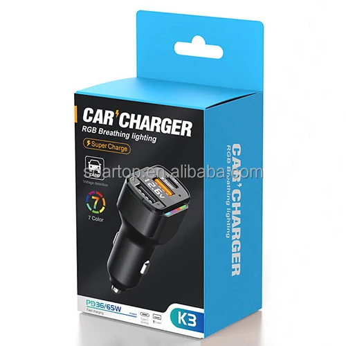 3 in 1 Car Charger Spring Charging Cable RGB Indicator Voltage Display with 3 USB Ports 65W Rated Power