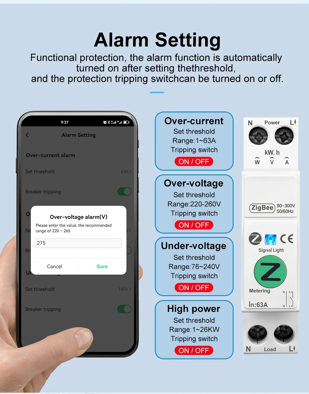 Zigbee 63A Smart Switch Energy Metering Monitoring Circuit Breaker Timer Relay MCB Smartlife protection