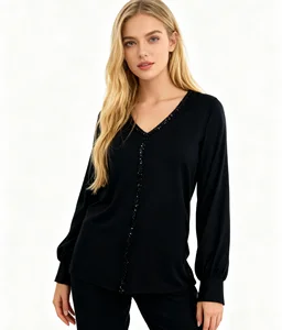 Women's Spring/Autumn Knitted Soft Stretch High Quality Fashion V Neck Sequins on Front+CF Long Sleeve Pullover Plus Size TOP