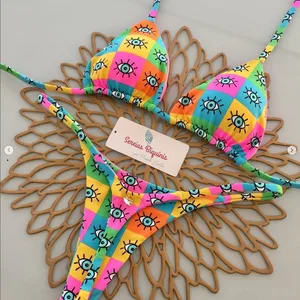 New Sexy Printed Spandex/Polyester V-neck Thong Bikini Set for Women Two Piece Swimwear