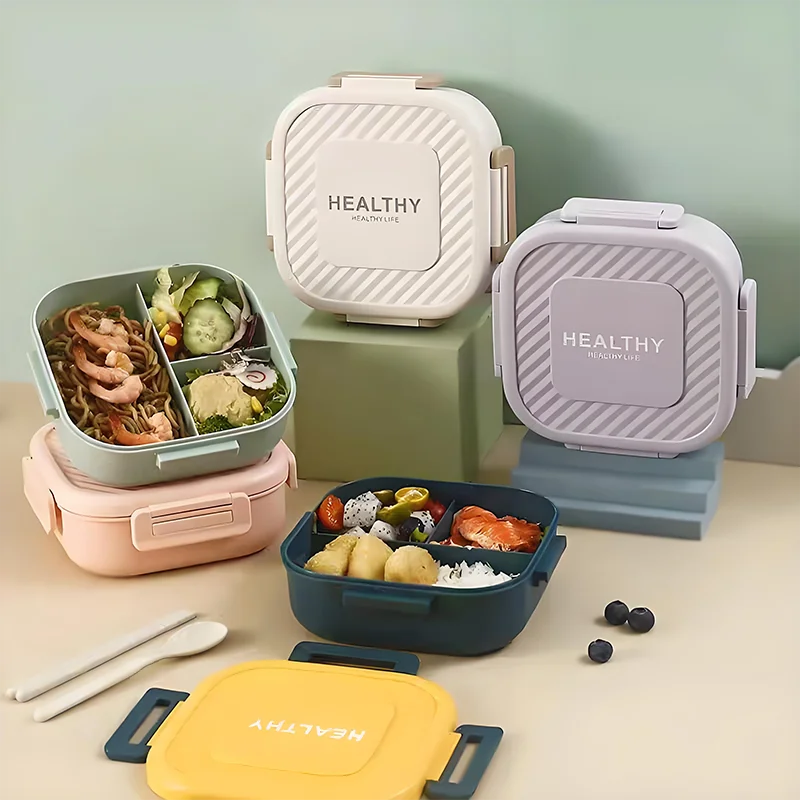 Food Grade Plastic 1300ml 3-compartment Rectangular Thermal School Tiffin Stainless Steel Bento Kids  Lunch Box for Adult