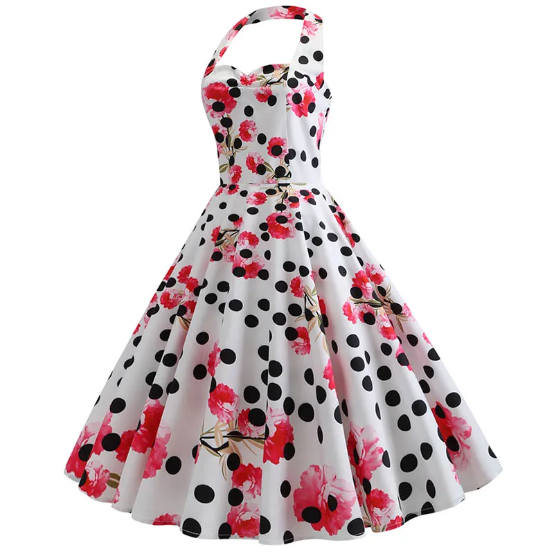 Women's 1950s Vintage Rockabilly Swing Dress – Halterneck Floral Pinup Style