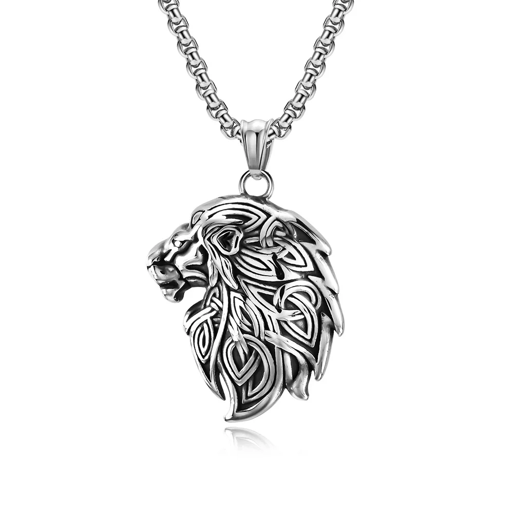Men's Viking Lion Head Necklace – Stainless Steel Pendant, 60 Cm Chain, Punk Rock Jewelry Gift