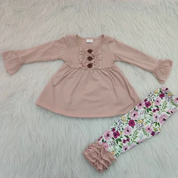 Fall winter girls clothing set pink top with ruffle pant set floral baby girls cotton outfit boutique children's clothing set