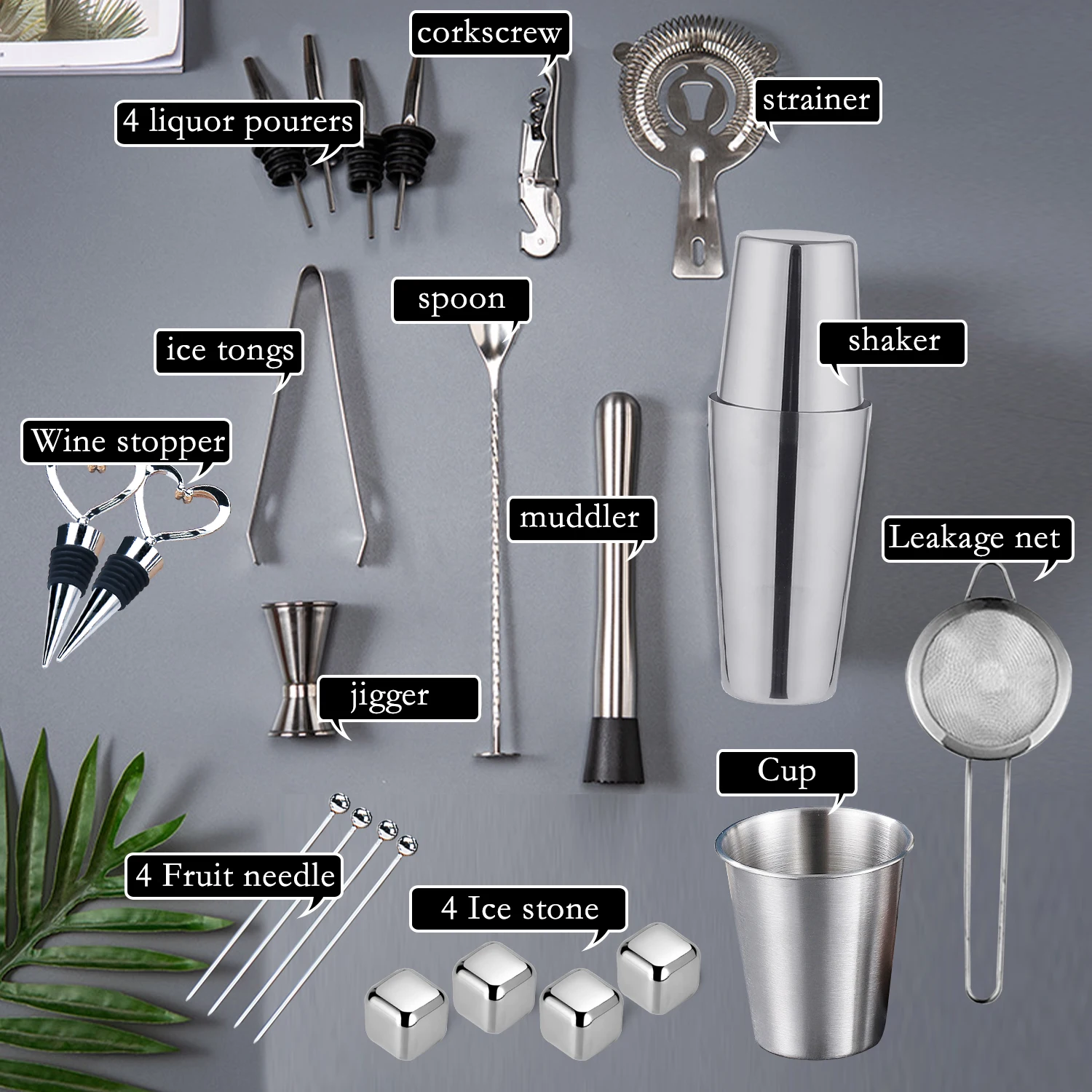 Cocktail Shaker Kit With Bamboo Stand Stainless Steel Mixer Kit For