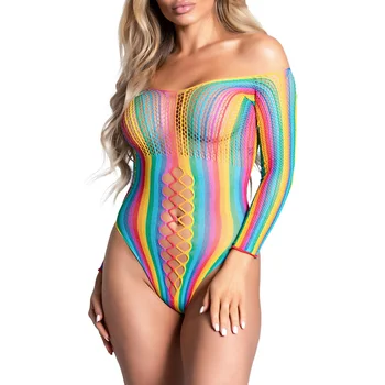 Bodysuit Long Sleeve Rainbow Net Tights Neon Fishnet Body Stocking Multi-Color Romper Strappy Striped Desire Sexy Lingerie
