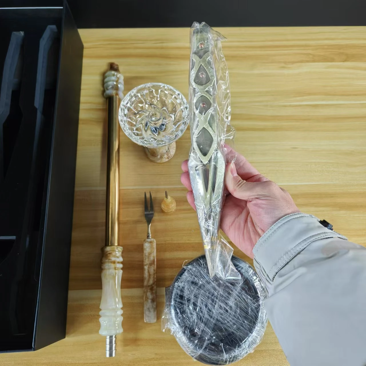 Factory Wholesale Hookah Accessories Set Chicha Stainless Steel Handle + Bowl +fork + Silicone Hose + Clip + Needle