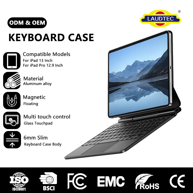 Smart Folio Magnetic Keyboard with Multi-Touch Trackpad Wireless BT Floating Stand for iPad Air 13 Pro 12.9 Inch