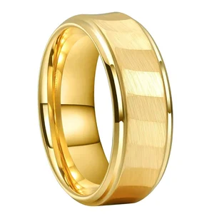 Coolstyle Jewelry Wholesale 8mm Hammered Stepped Edges Matte Gold Tungsten Ring for Men Women Fashion Wedding Band Comfort Fit