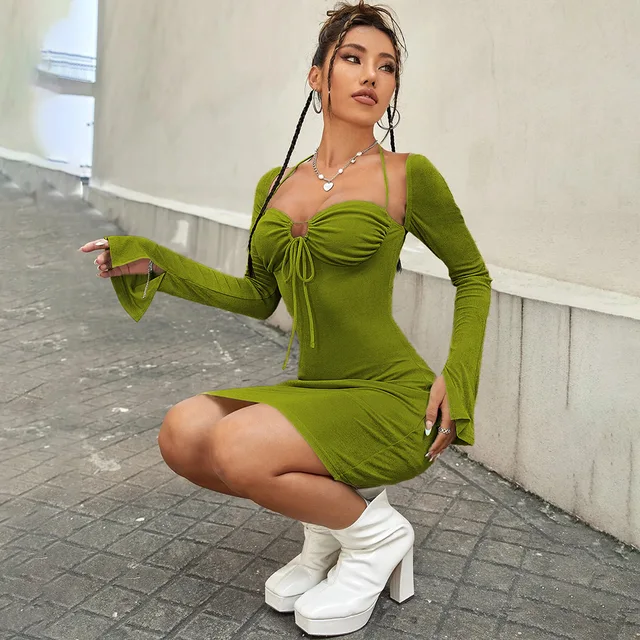 1349 Sexy Skirt Cut-out Strappy Slit Backless Long-sleeved Youth Casual Dresses Trendy Women Clothes Gowns Lady Custom Silk Slim