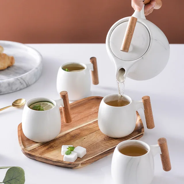 Nordic Designer Porcelain Coffee and Tea Cup Set with Wood Handle and Gift Box Included