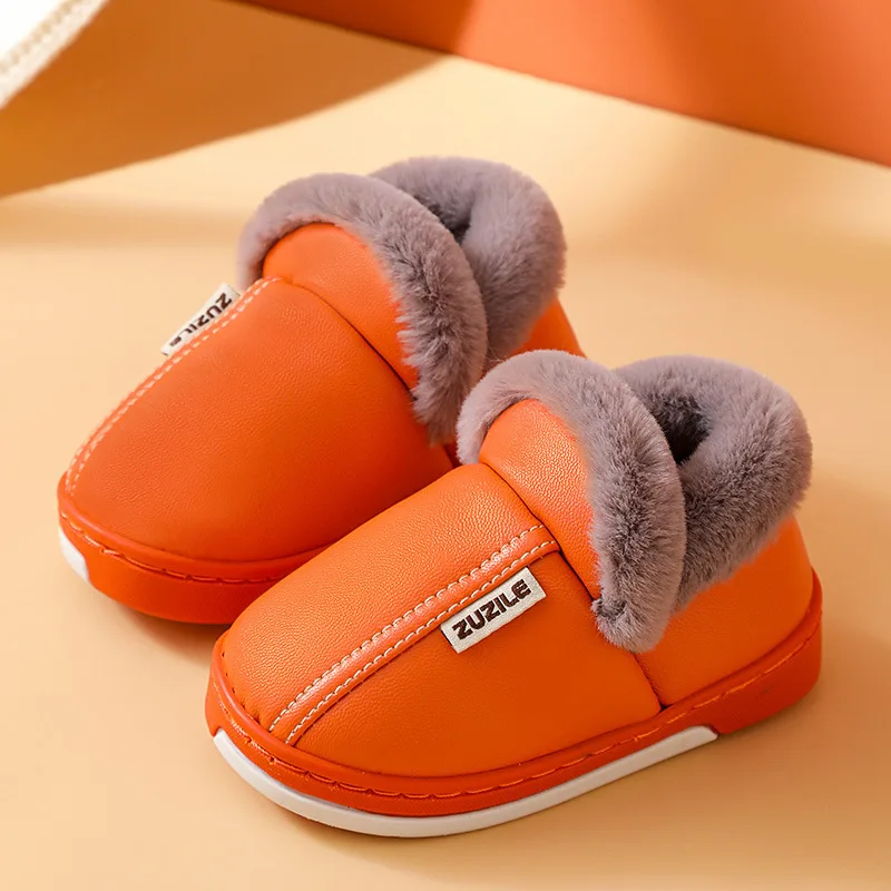 Зимняя детская теплая обувь для мальчиков и девочек; Хлопковые тапочки; Детская Нескользящая водонепроницаемая обувь из искусственной кожи; Модная домашняя теплая Повседневная обувь