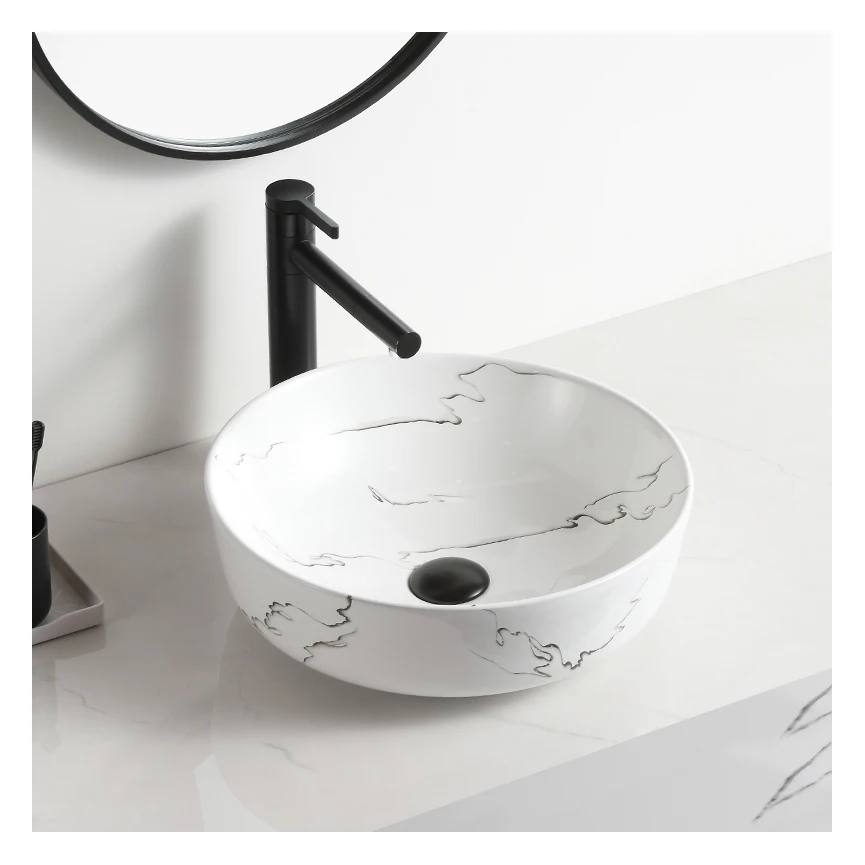 Water Transfer Printing Countertop Round Lavatory Sink Bathroom Vessel Sink Ceramic Wash Basin Bowl