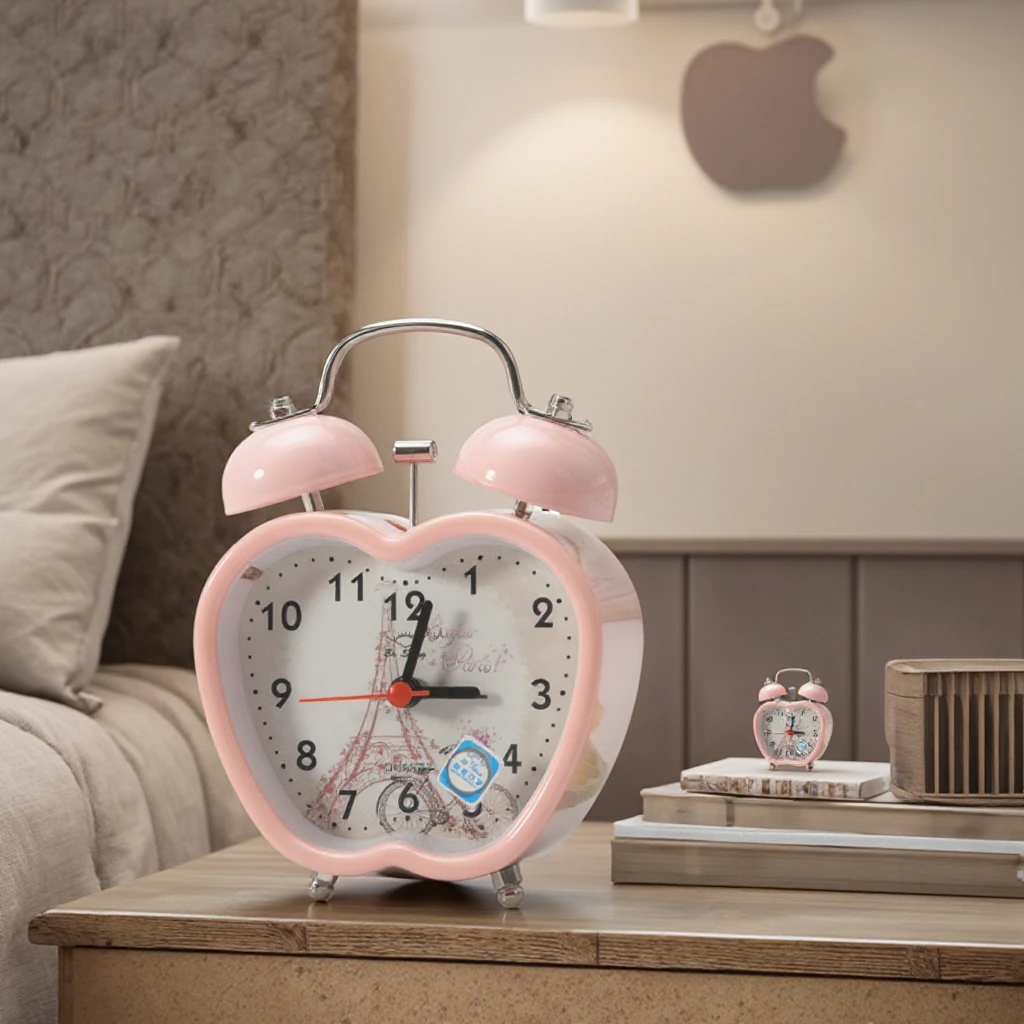 Bosheng Custom Very Loud Quartz Analog Bed Apple Shape Bell Alarm Clock Backlight Date Traditional Desk Use Battery Christmas