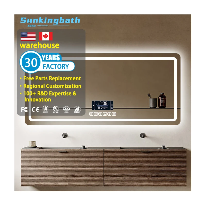 Modern Design Luxury Touch Screen Anti Fog Tempered Mirror Led Smart Bathroom Mirror with Led Light for Hotel