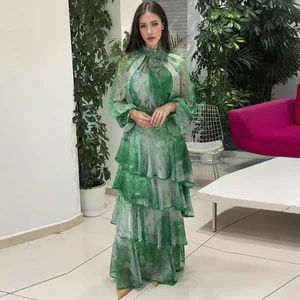 AELESEEN Vintage Long Party Dress Women Spring Summer Full Sleeve 3D Appliques Flower Beading Printed Irregular Layers Party