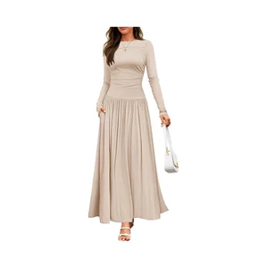 Women's 2025 O-Neck Knit Casual Slim Swing Pleated Floor-Length Maxi Dress Long Sleeve Autumn Pockets Plain Dyed Woven Chiffon