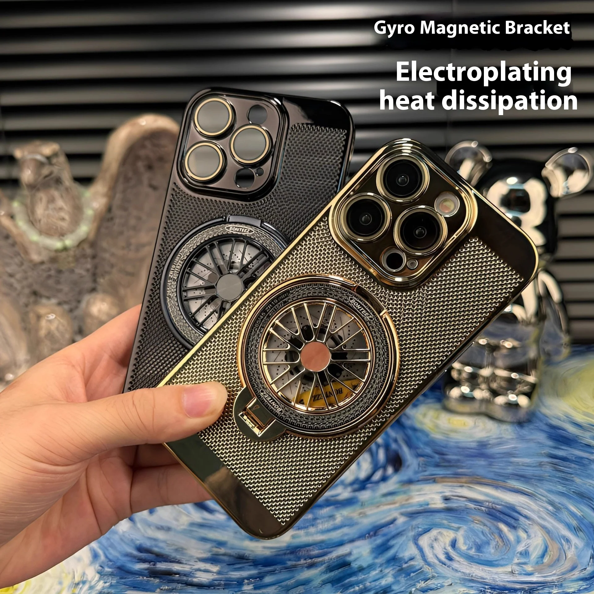 Luxury Stand & Anti-Fall Hard Case for iPhone with Gyro Rotating Grip Mobile Phone Cover Shell Featuring Electroplate Craft