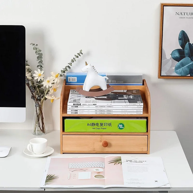 Custom Office Bamboo Desk Organizer Multi-use Storage Box With Drawer ...