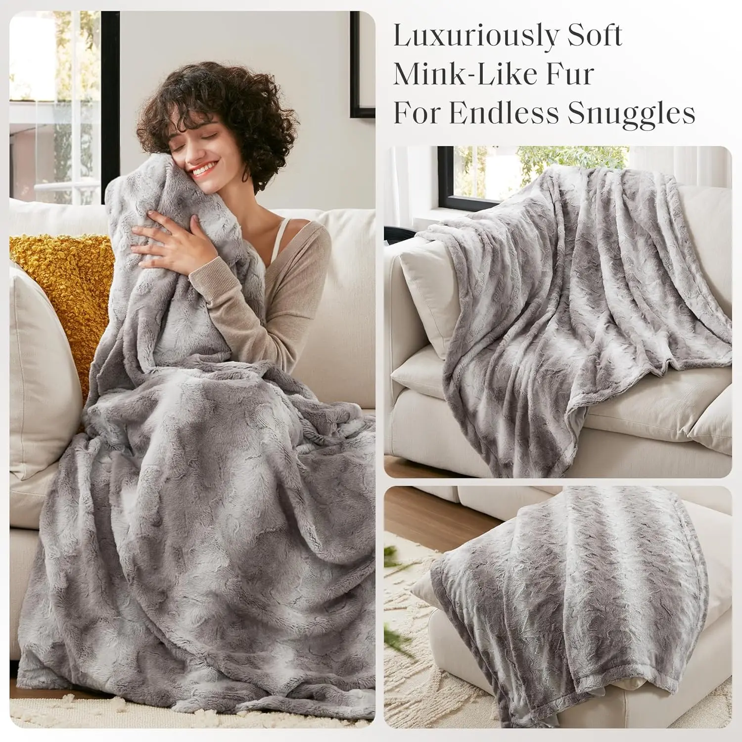 Luxury Plush Eco-Friendly Faux Fur Mink Throw Blanket Soft Light Weight Knitted Technique Bedding Printed Modern Home Decor Cozy