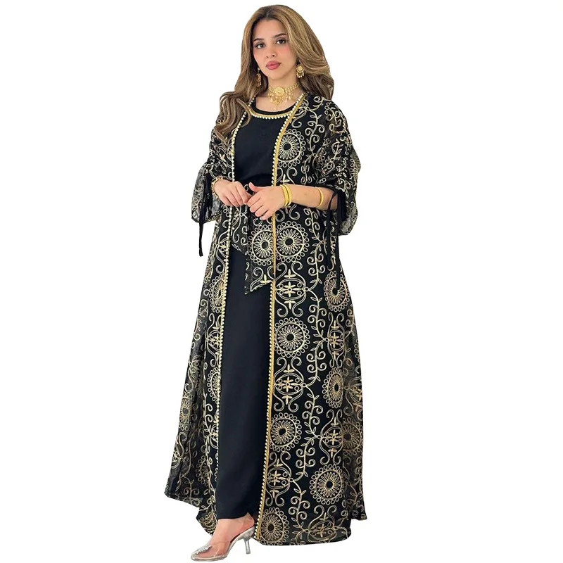 slim fit dress slacks Black & Gold Embroidered Moroccan Long Modest Tunic | Hijab Fashion main image 1