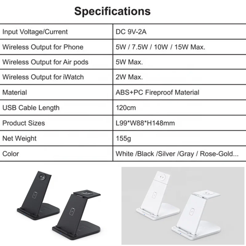 
15 Вт быстрая зарядная станция QI 3 в 1 Беспроводное зарядное устройство для iPhone 12 для iwatch для airpods 